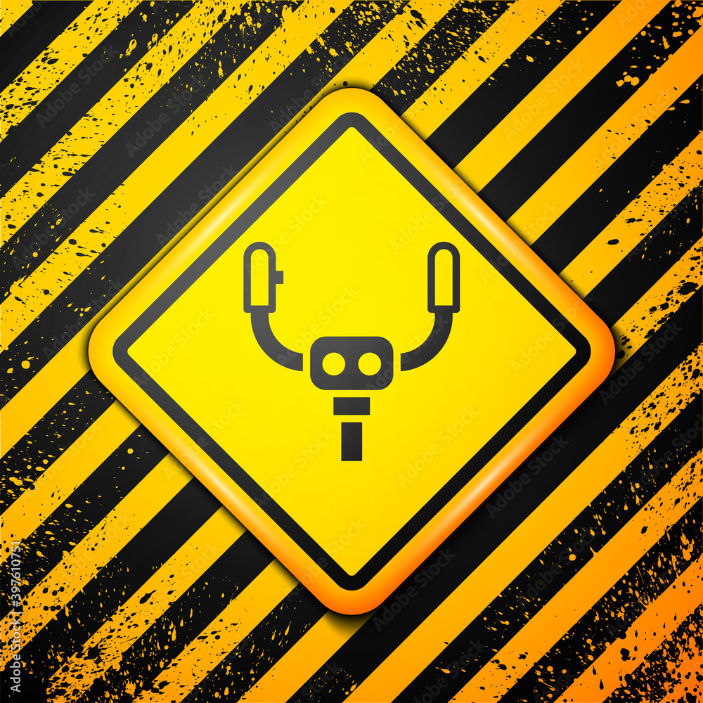 Black Aircraft steering helm icon isolated on yellow background. Aircraft control wheel. Warning sign. Vector. Black Aircraft steering helm icon isolated on yellow background. Aircraft control wheel. Warning sign. Vector.