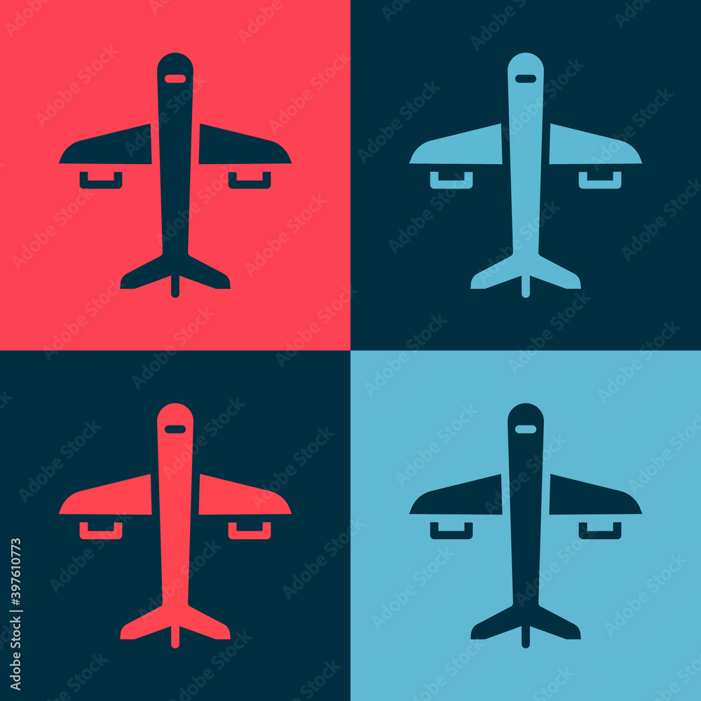 Pop art Plane icon isolated on color background. Flying airplane icon. Airliner sign. Vector. Pop art Plane icon isolated on color background. Flying airplane icon. Airliner sign. Vector.