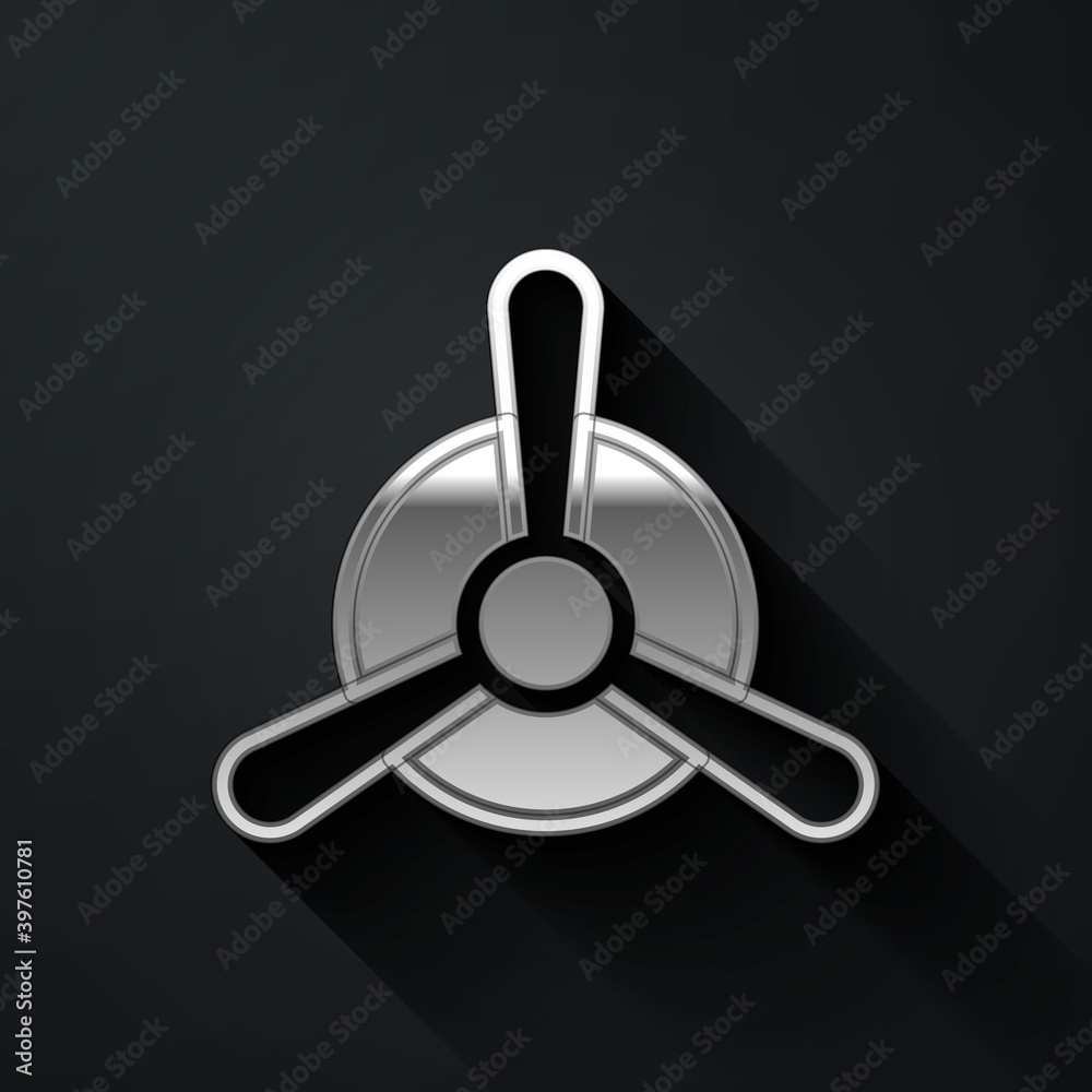 Silver Plane propeller icon isolated on black background. Vintage aircraft propeller. Long shadow style. Vector. Silver Plane propeller icon isolated on black background. Vintage aircraft propeller. Long shadow style. Vector.
