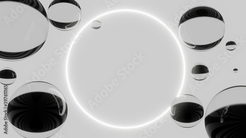 3D Glass spheres with glow neon ring in the middle. Gray background