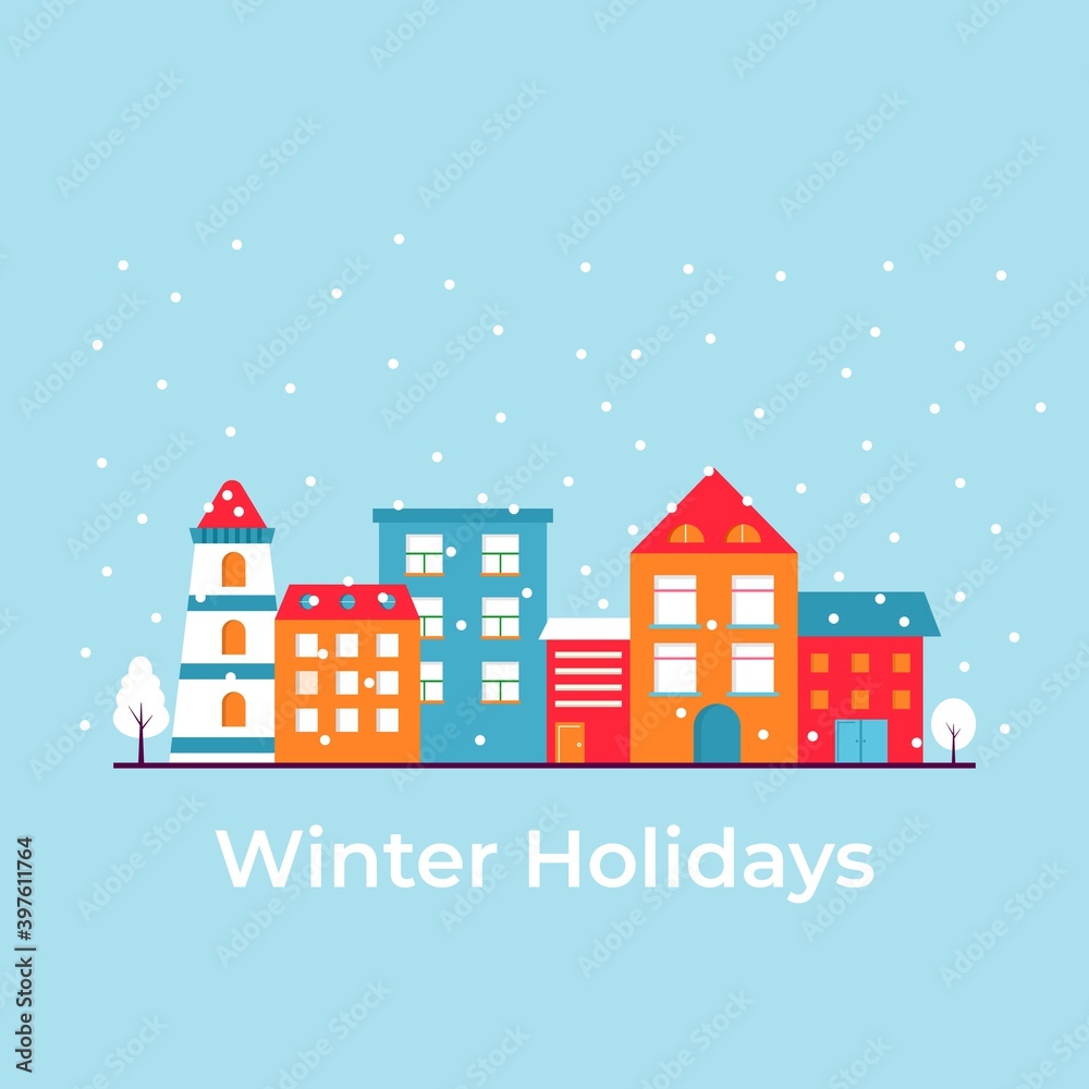 Winter holidays in the city, modern house with snowflake. Christmas city landscape. Flat vector illustration. Landing page template