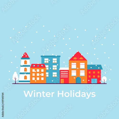 Winter holidays in the city, modern house with snowflake. Christmas city landscape. Flat vector illustration. Landing page template