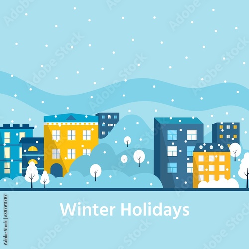 Winter holidays in the city, modern house with snowflake. Christmas city landscape. Flat vector illustration. Landing page template
