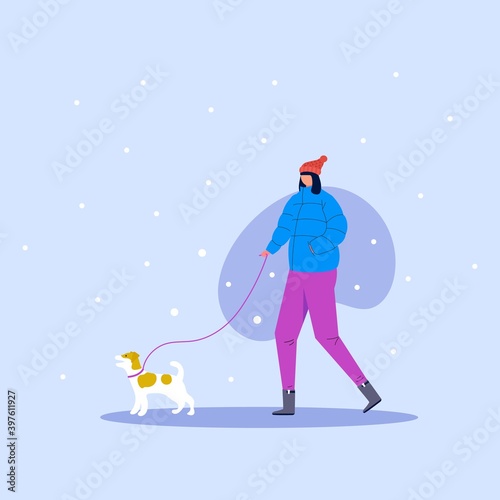 Cute woman walking with dog on leash in the winter park. Outdoor activity concept. Vector illustration. Adorable girl with scarf and her pets isolated on white background. © Tanyasun