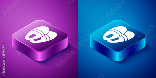 Isometric Slippers icon isolated on blue and purple background. Flip flops sign. Square button. Vector.