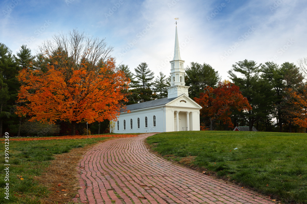 The Martha Mary Chapel of Wayside Inn on a sunny morning. The Chapel was built by Henry Ford and has long been recognized as a Sudbury landmark.
