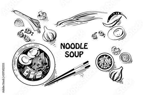 Vector sketch - spicy soup with wheat noodles, meat and vegetables. Traditional asian cuisine ingredients set - garlic, leek, shiitake mushrooms, red and green chili peppers, eggs, greens, perilla