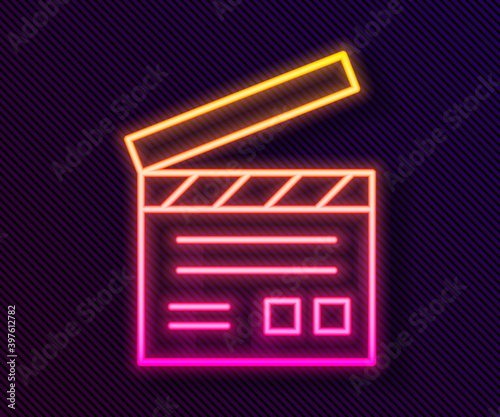 Glowing neon line Movie clapper icon isolated on black background. Film clapper board. Clapperboard sign. Cinema production or media industry. Vector Illustration.