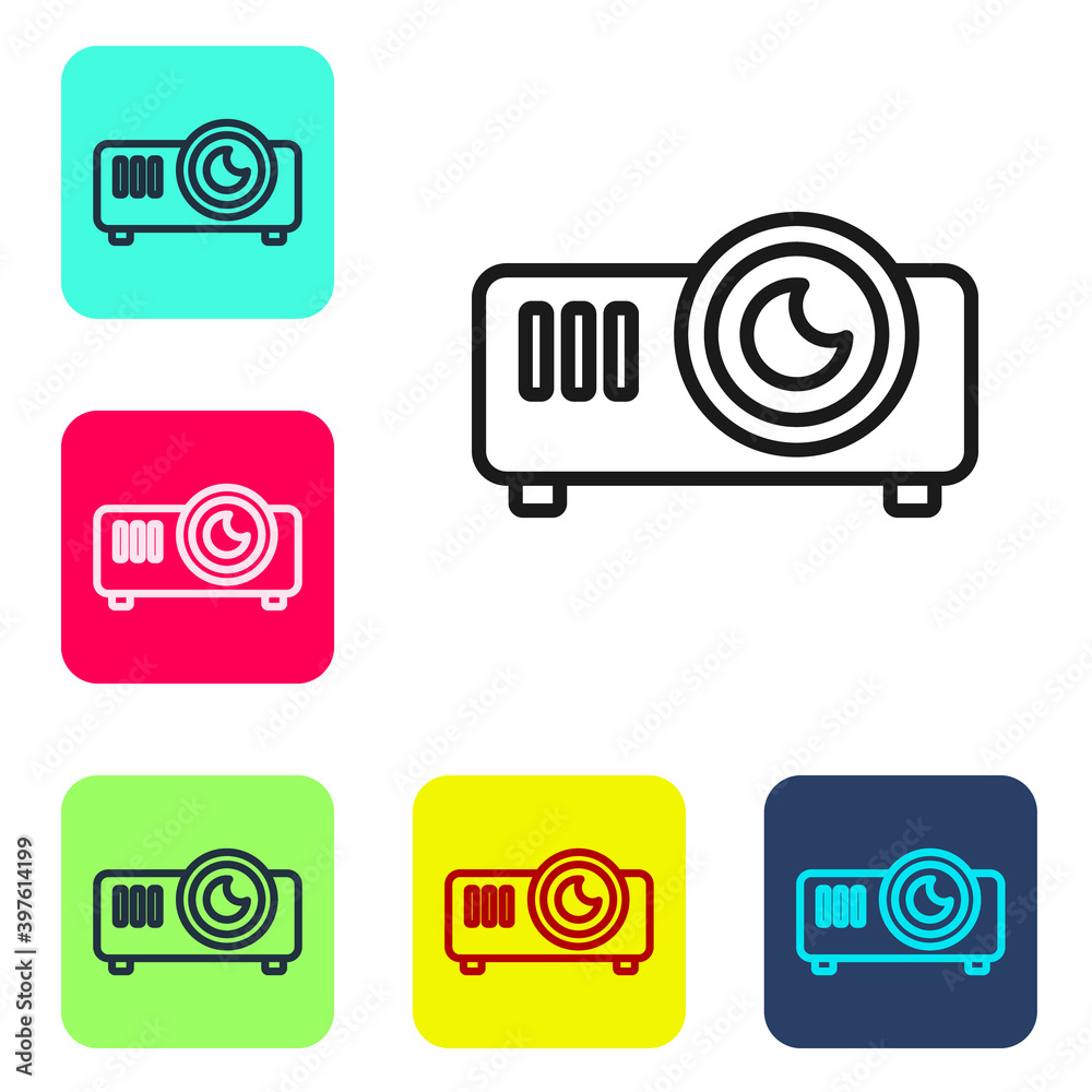 Black line Presentation, movie, film, media projector icon isolated on white background. Set icons in color square buttons. Vector Illustration. Black line Presentation, movie, film, media projector icon isolated on white background. Set icons in color square buttons. Vector Illustration.