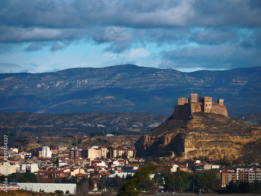 castle of Monzón, Huesca, Spain and the mountains behind