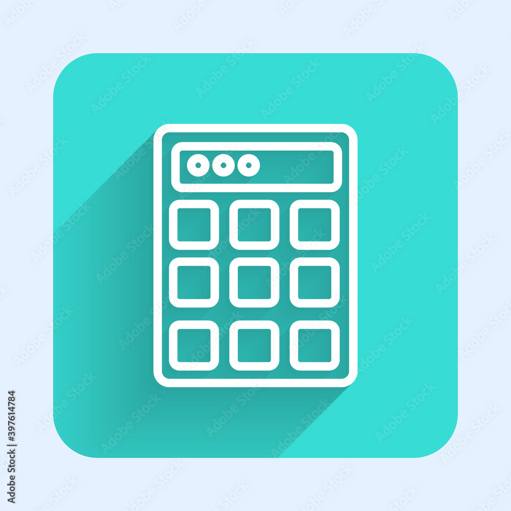 White line Password protection and safety access icon isolated with long shadow. Security, safety, protection, privacy concept. Green square button. Vector. White line Password protection and safety access icon isolated with long shadow. Security, safety, protection, privacy concept. Green square button. Vector.