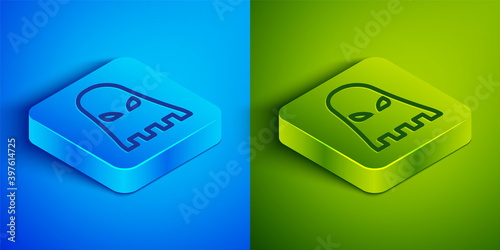Isometric line Executioner mask icon isolated on blue and green background. Hangman, torturer, executor, tormentor, butcher, headsman icon. Square button. Vector.