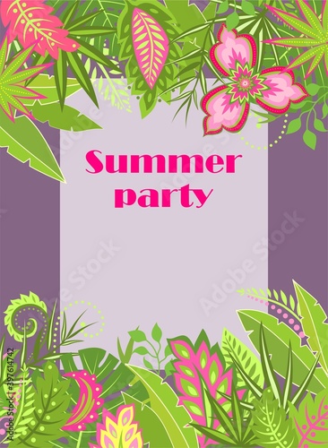 Vertical flyer template for summery night party invitation with tropical leaves and exotic flowers