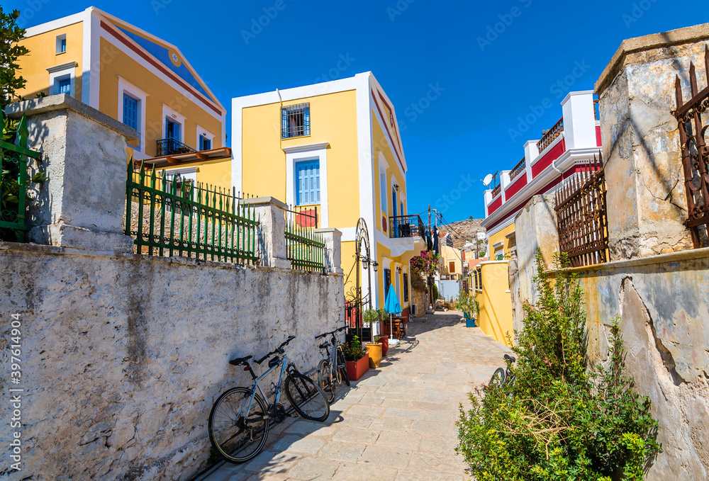 Colorful street view of Symi Island in Greece