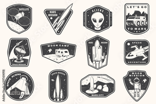 Set of space mission logo, badge, patch. Vector. Concept for shirt, print, stamp. Vintage typography design with space rocket, alien, mars city, camper van on the moon and earth silhouette