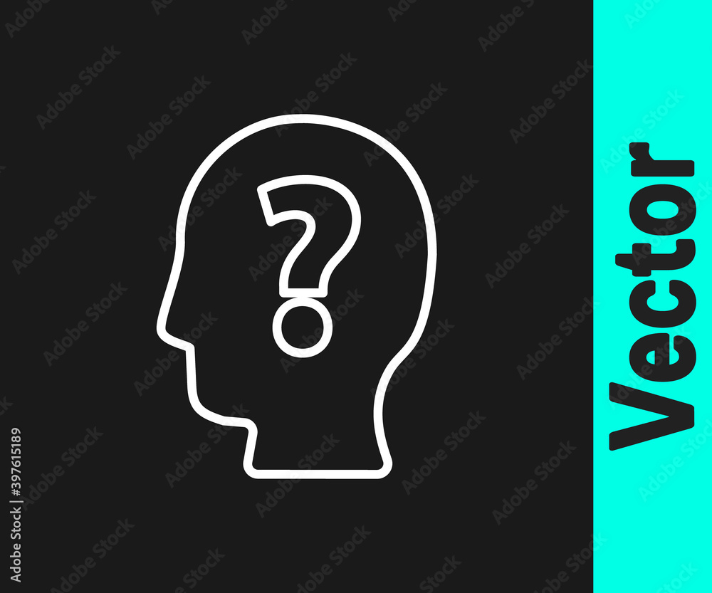 White line Human head with question mark icon isolated on black background. Vector. White line Human head with question mark icon isolated on black background. Vector.