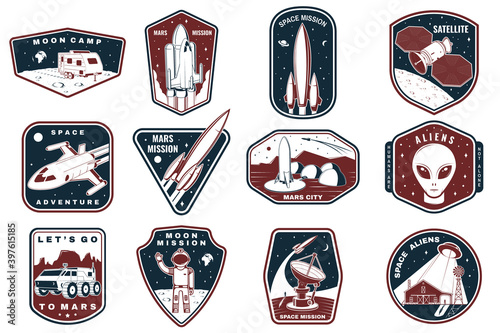 Set of space mission logo, badge, patch. Vector. Concept for shirt, print, stamp. Vintage typography design with space rocket, alien, mars city, camper van on the moon and earth silhouette