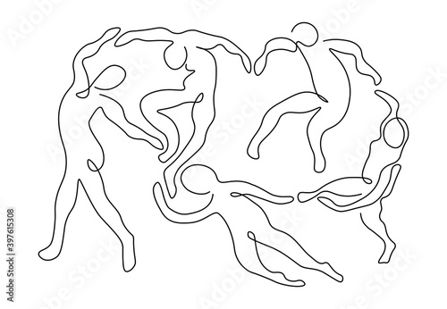 Abstract poster with people dance made of single line. One line drawing of dancing for print, textile, t-shirt and wall art. Contemporary minimalist vector illustration
