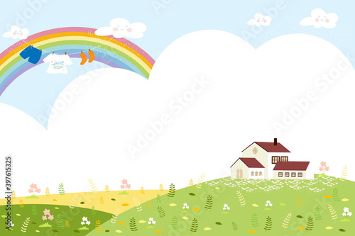 Spring or Summer landscape farmhouse with rainbow and blue sky,Kid clothes hanging on rope, Cute banner template with copy spave for Spring season, Summer time or Easter concept
