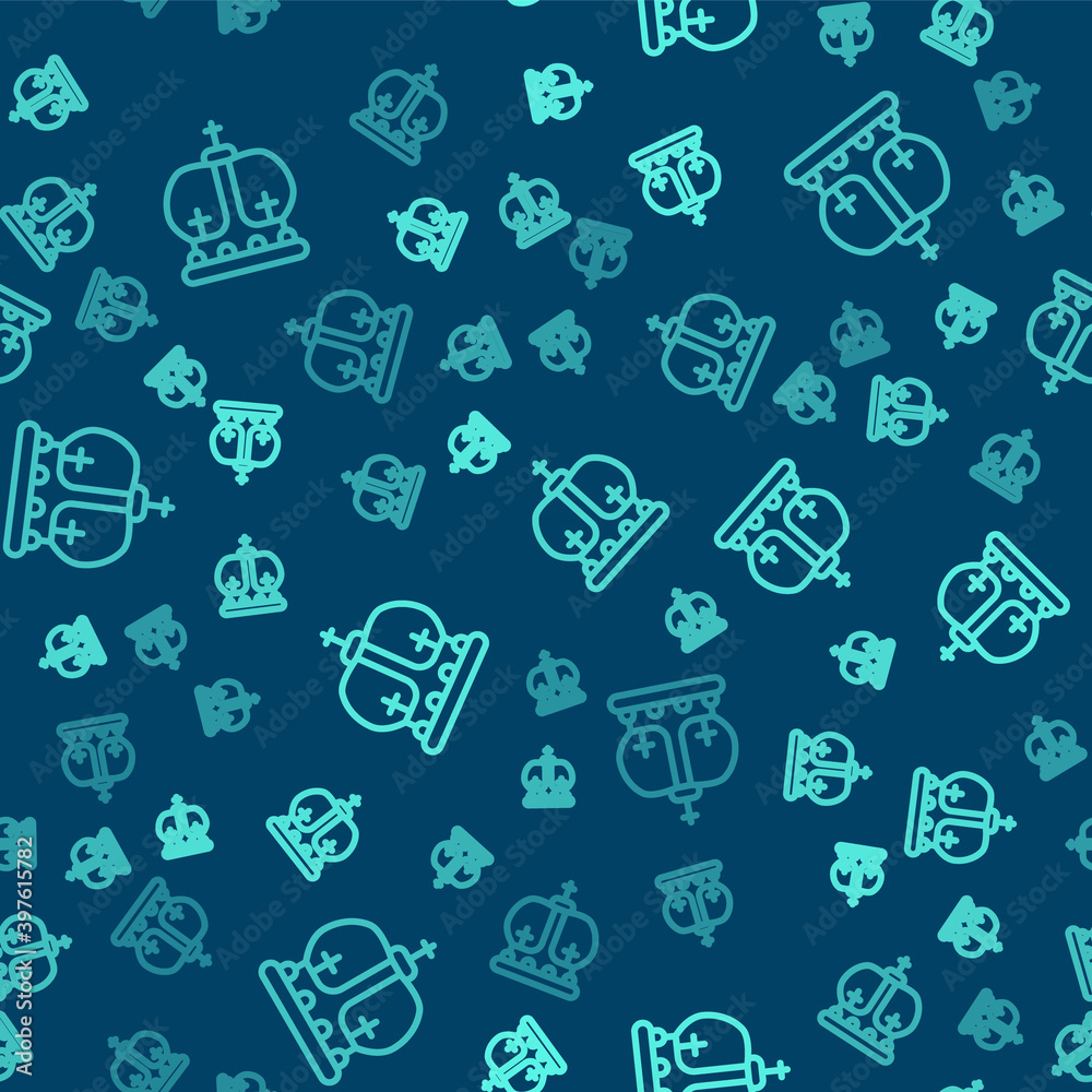 Green line British crown icon isolated seamless pattern on blue background. Vector. Green line British crown icon isolated seamless pattern on blue background. Vector.