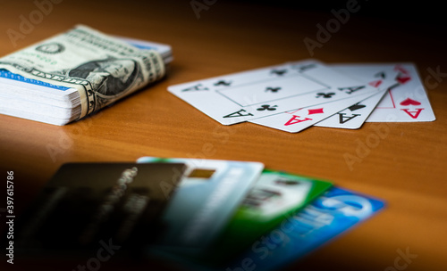 Playing cards are laid out on the table, pictures up and pictures down
