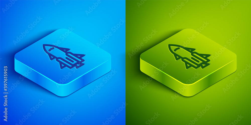 Isometric line Rocket ship with fire icon isolated on blue and green background. Space travel. Square button. Vector. Isometric line Rocket ship with fire icon isolated on blue and green background. Space travel. Square button. Vector.