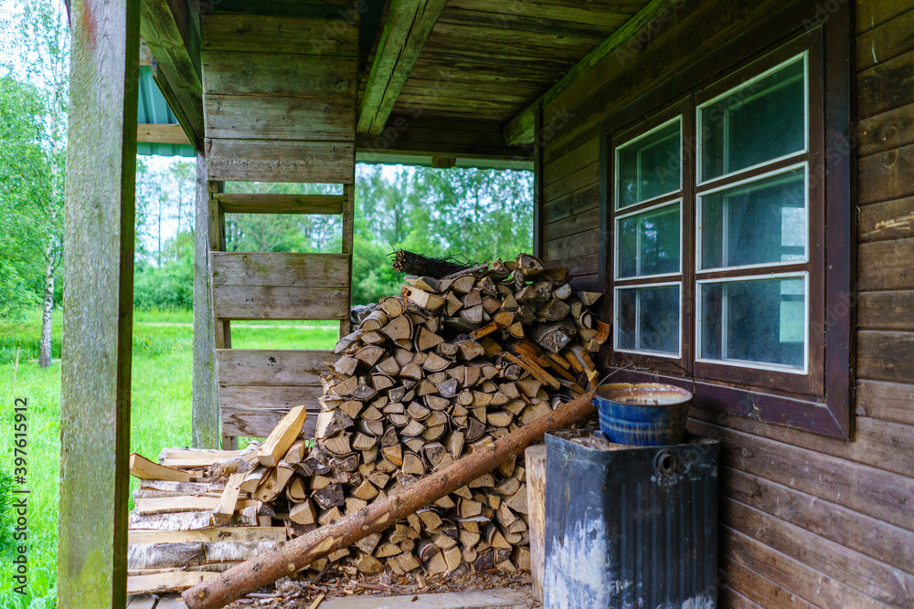 old building interior with wooden planks and brick wall