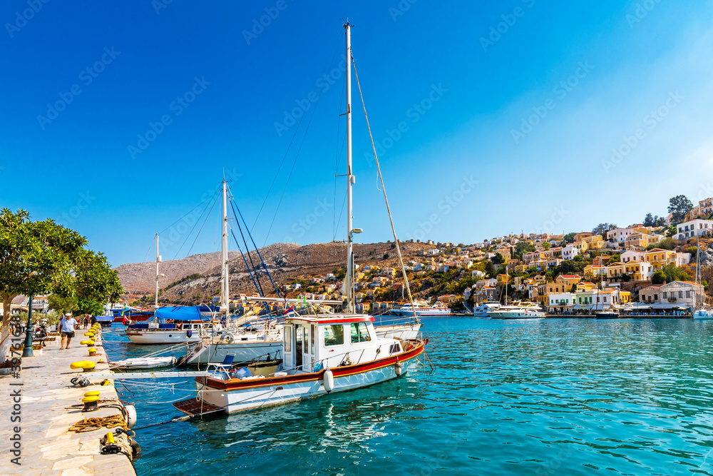 Symi Island harbour view in Greece.