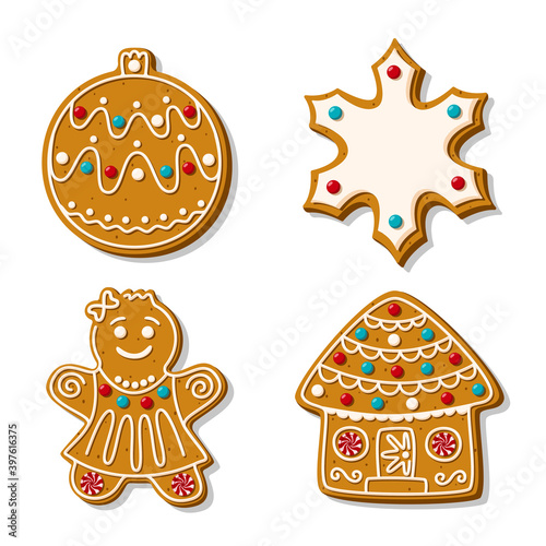 A set of Christmas gingerbread cookies. Vector illustration of homemade baking. Snowflake, Christmas tree toy Gingerbread man and house in sugar glaze isolated on white background. Cartoon style