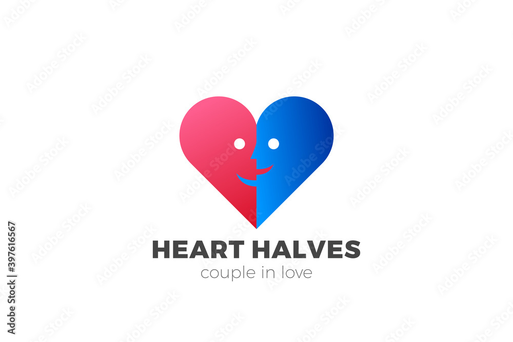 Heart Logo Love Couple symbol design vector template. Valentines Day two hearts halves concept. Charity Logotype icon.