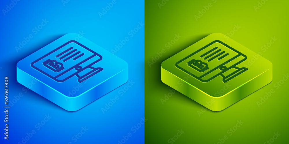 Isometric line Mining bitcoin from monitor icon isolated on blue and green background. Cryptocurrency mining, blockchain technology service. Square button. Vector. Isometric line Mining bitcoin from monitor icon isolated on blue and green background. Cryptocurrency mining, blockchain technology service. Square button. Vector.