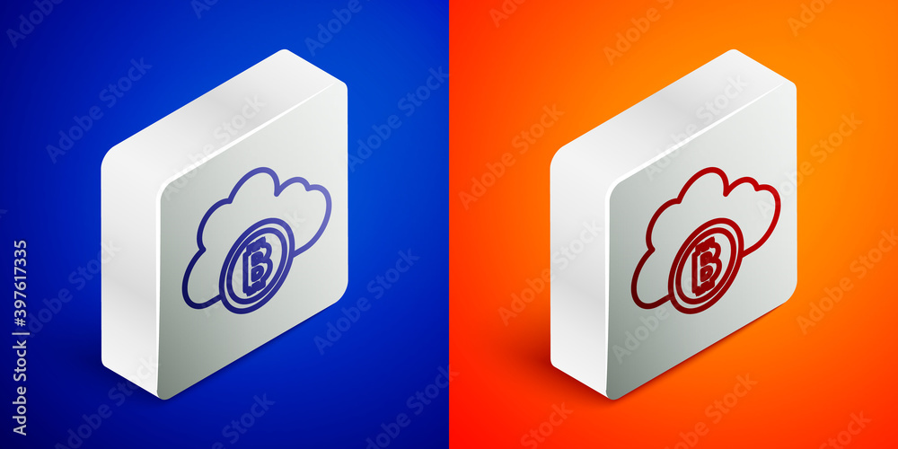 Isometric line Cryptocurrency cloud mining icon isolated on blue and orange background. Blockchain technology, bitcoin, digital money market, cryptocoin wallet. Silver square button. Vector. Isometric line Cryptocurrency cloud mining icon isolated on blue and orange background. Blockchain technology, bitcoin, digital money market, cryptocoin wallet. Silver square button. Vector.