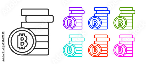 Black line Cryptocurrency coin Bitcoin icon isolated on white background. Physical bit coin. Blockchain based secure crypto currency. Set icons colorful. Vector.