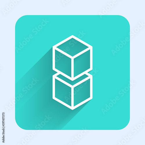 White line Blockchain technology icon isolated with long shadow. Cryptocurrency data. Abstract geometric block chain network technology business. Green square button. Vector.