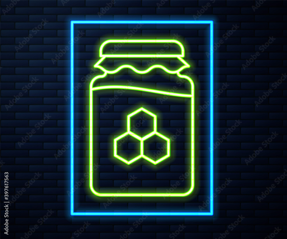 Glowing neon line Jar of honey icon isolated on brick wall background. Food bank. Sweet natural food symbol. Vector.