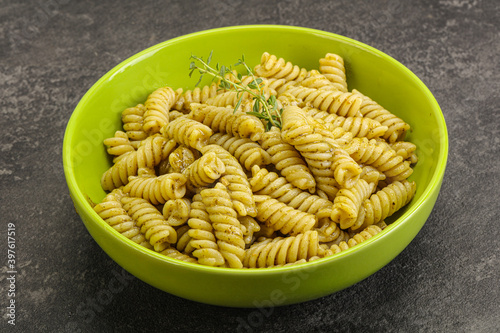 Italian pasta Fusilli with pesto