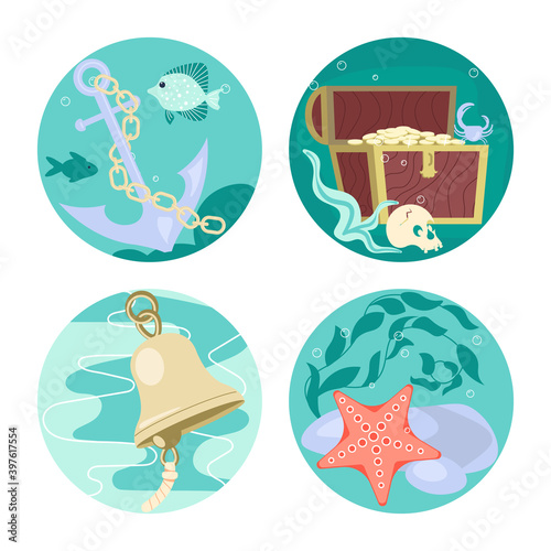Social Media Story highlight icon set in sea stile. Underwater scene with boat anchor and golden treasure chest. Flat Art Vector illustration