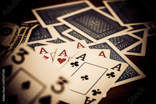 Playing cards are laid out on the table, pictures up and pictures down
