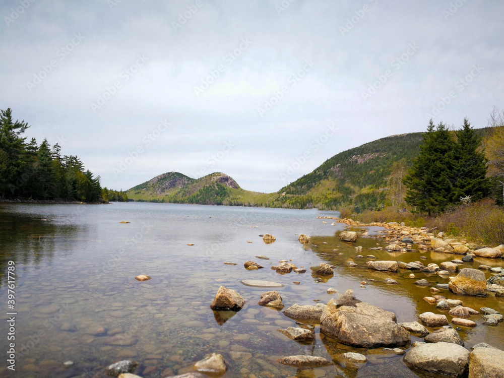 Jordan Pond is a popular spot for hiking at Acadia National park, Maine, USA