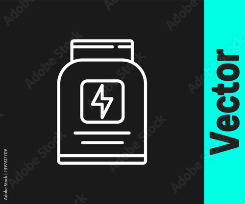 White line Sports nutrition bodybuilding proteine power drink and food icon isolated on black background. Vector.