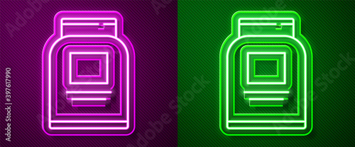 Glowing neon line Sports nutrition bodybuilding proteine power drink and food icon isolated on purple and green background. Vector.