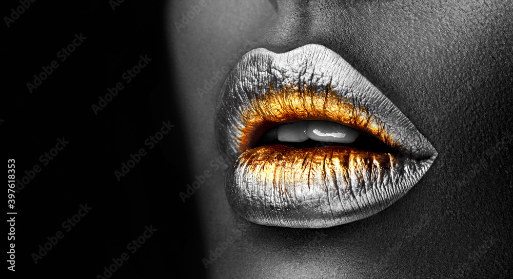 Golden lipstick closeup. Silver with Gold metal lips. Beautiful makeup.  Sexy lips #397618353 - Zlaté ženy - Fotobanka