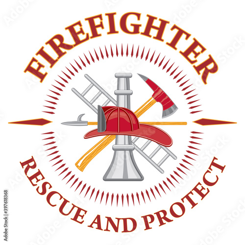 Firefighter Rescue and Protect is a design illustration that includes a fire department tools logo and text that says rescue and protect. Great promotional graphic for fireman and fire stations.