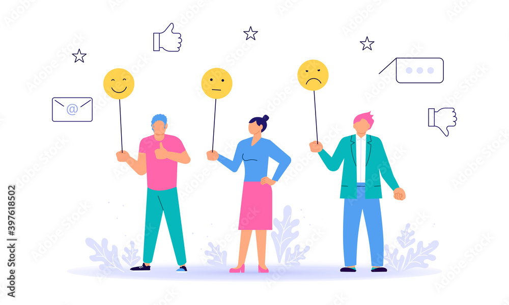 Tiny people with different emotions signs giving their choice for feedback vector concept. Customer review and satisfaction rating metaphor illustration Tiny people with different emotions signs giving their choice for feedback vector concept. Customer review and satisfaction rating metaphor illustration