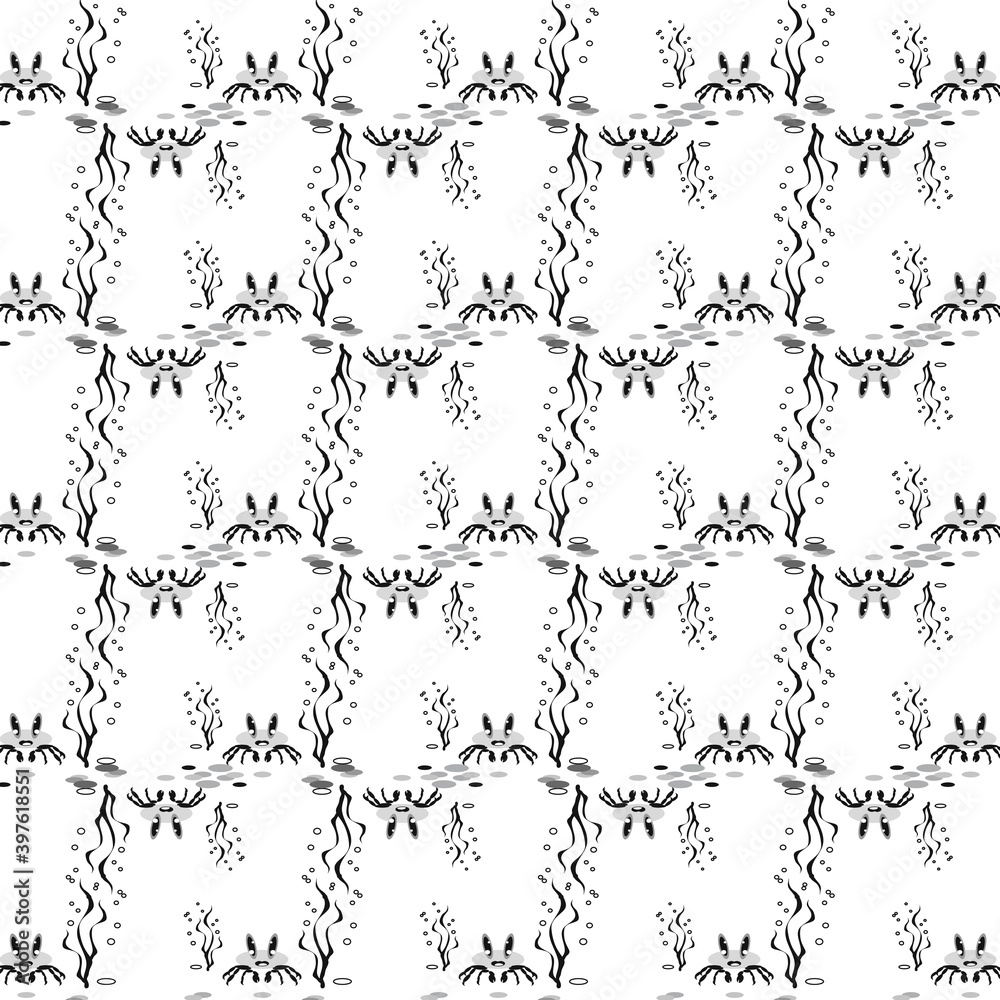 cartoon drawing of crab and seaweed black and white. sea bottom cartoon drawing of crab and seaweed black and white. sea bottom