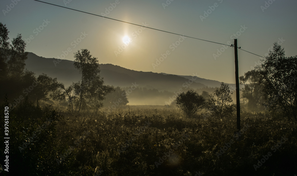 morning with sunrise in a meadow in the Bieszczady Mountains