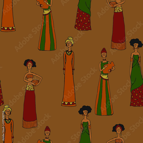 Seamless vector pattern with beautiful African people on brown background. Simple ethnic women wallpaper design. Female tribe fashion textile.