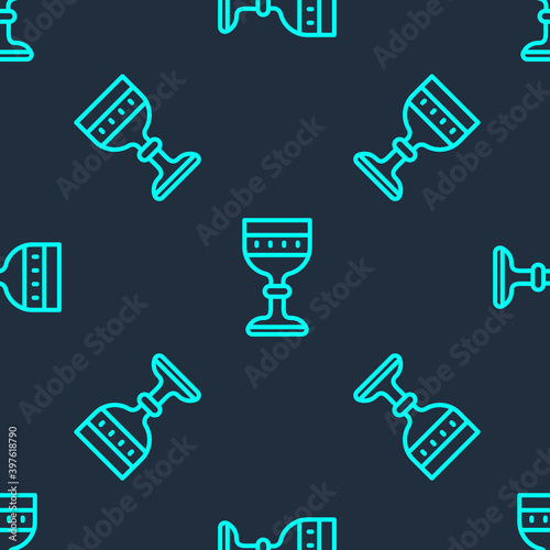 Green line Medieval goblet icon isolated seamless pattern on blue background. Vector.
