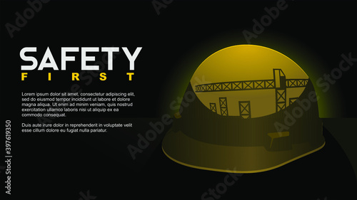 safety first. safety. hard hats reflected with rigs building. vector illustration