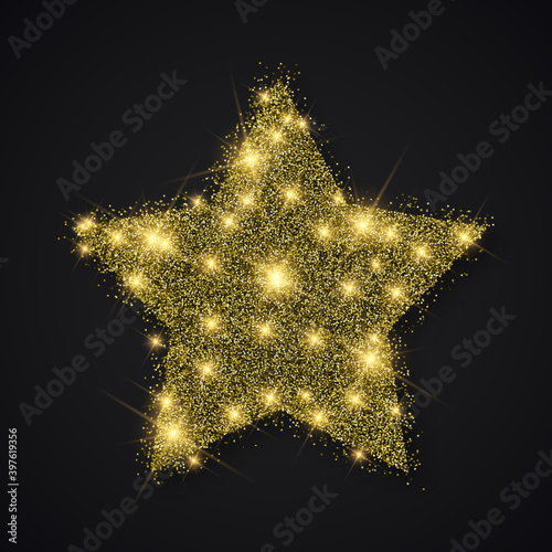 Gold shiny glitter glowing star on dark background. Vector illustration.